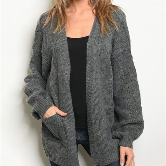 CHARCOAL GREY KNIT CARDIGAN SWEATER - Picture 2 of 8